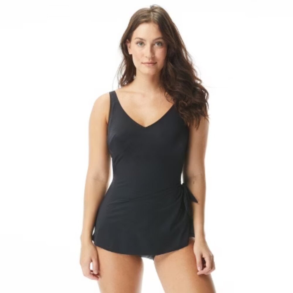 Roxanne Bra Sized V-Neck Black Sarong One Piece Swimsuit Size 14/38C